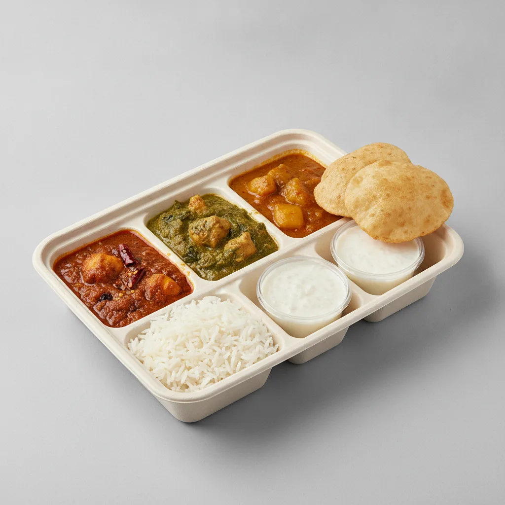 Chicken Thali Box Chicken Vindaloo , Chicken Saag , Chicken Mango Chicken Thali Box Chicken Vindaloo , Chicken Saag , Chicken Mango