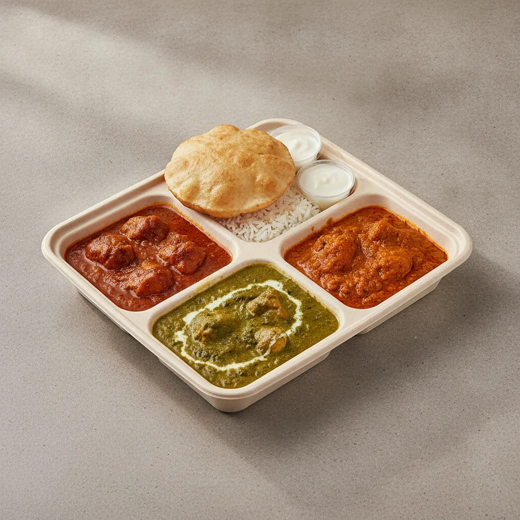 Chicken Thali Box Chicken Vindaloo , Chicken Saag , Achari Chicken Chicken Thali Box Chicken Vindaloo , Chicken Saag , Achari Chicken