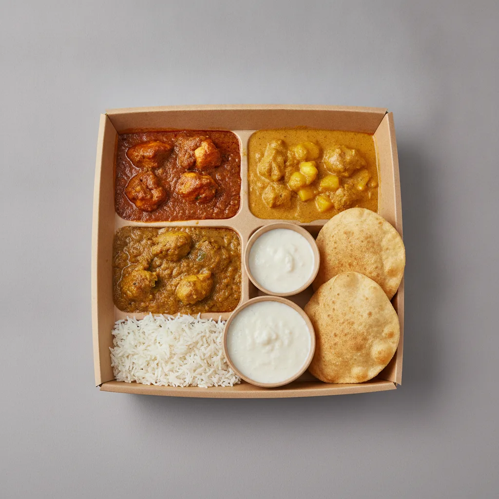 Chicken Thali Box Chicken Vindaloo , Chicken Mango , Achari Chicken Chicken Thali Box Chicken Vindaloo , Chicken Mango , Achari Chicken