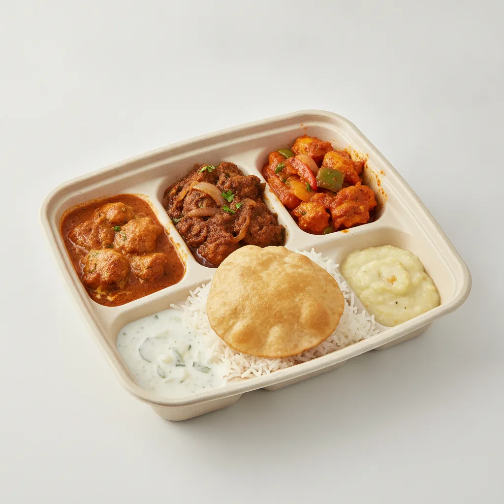 Chicken Thali Box Chicken Curry , Chicken Bhuna , Chicken Jalfrezi Chicken Thali Box Chicken Curry , Chicken Bhuna , Chicken Jalfrezi