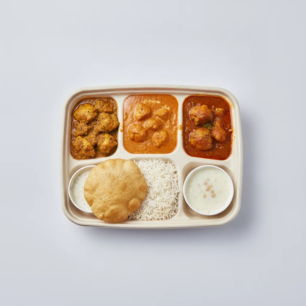 Chicken Thali Box Chicken Curry, Chicken Bhuna, Butter Chicken Chicken Thali Box Chicken Curry, Chicken Bhuna, Butter Chicken