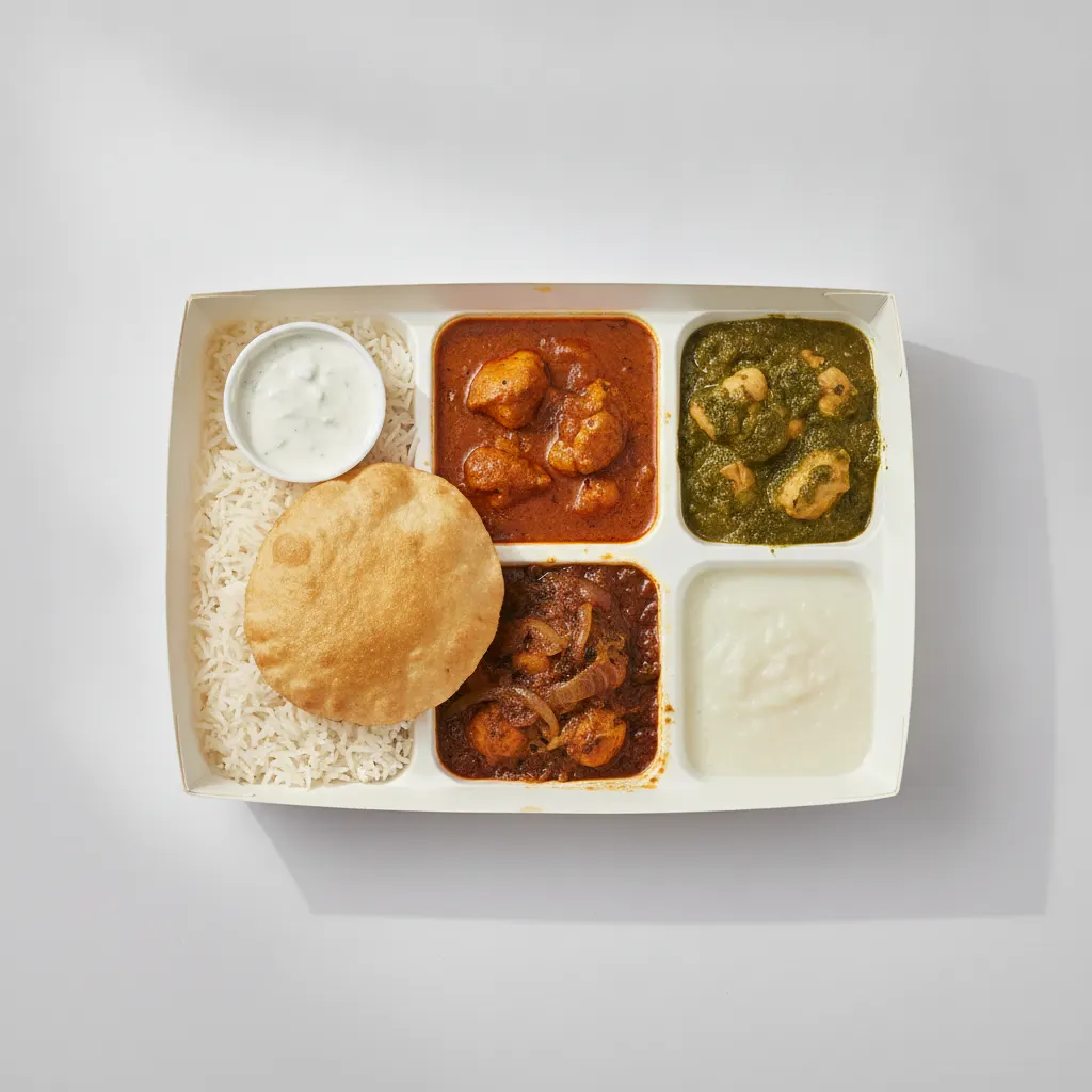 Chicken Thali Box Chicken Curry, Chicken Bhuna, Chicken Saag Chicken Thali Box Chicken Curry, Chicken Bhuna, Chicken Saag