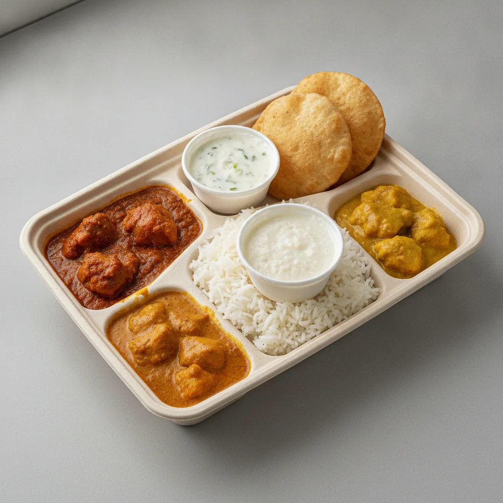 Chicken Thali Box Chicken Curry, Chicken Bhuna, Chicken Mango Chicken Thali Box Chicken Curry, Chicken Bhuna, Chicken Mango