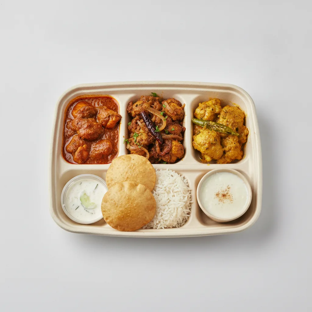 Chicken Thali Box Chicken Curry, Chicken Bhuna, Achari Chicken Chicken Thali Box Chicken Curry, Chicken Bhuna, Achari Chicken
