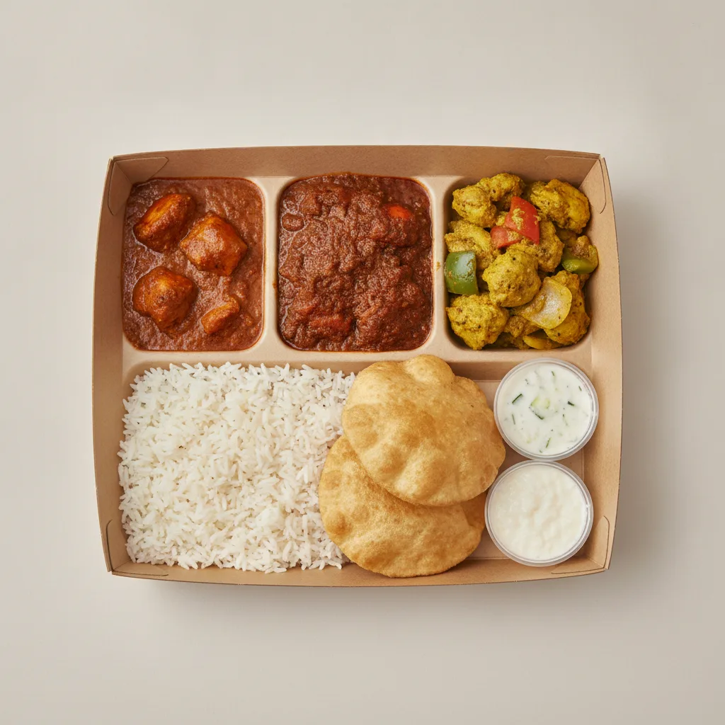 Chicken Thali Box Chicken Curry, Chicken Madras, Chicken Jalfrezi Chicken Thali Box Chicken Curry, Chicken Madras, Chicken Jalfrezi