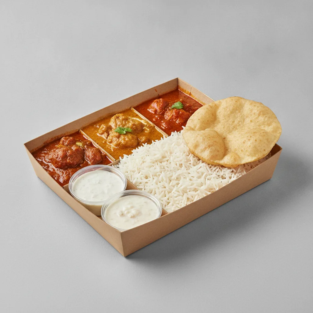 Chicken Thali Box Chicken Curry, Chicken Madras, Butter Chicken Chicken Thali Box Chicken Curry, Chicken Madras, Butter Chicken