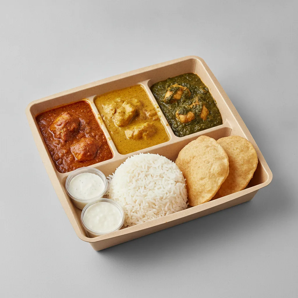 Chicken Thali Box Chicken Curry, Chicken Madras, Chicken Saag Chicken Thali Box Chicken Curry, Chicken Madras, Chicken Saag