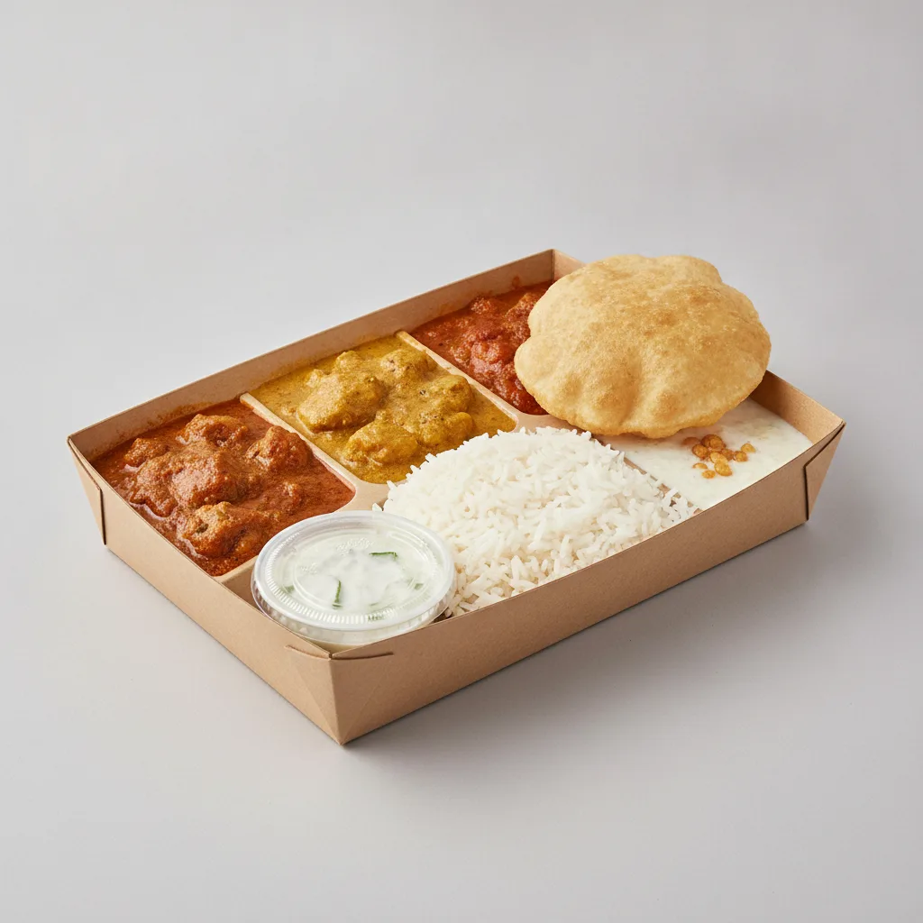 Chicken Thali Box Chicken Curry, Chicken Madras, Chicken Mango Chicken Thali Box Chicken Curry, Chicken Madras, Chicken Mango
