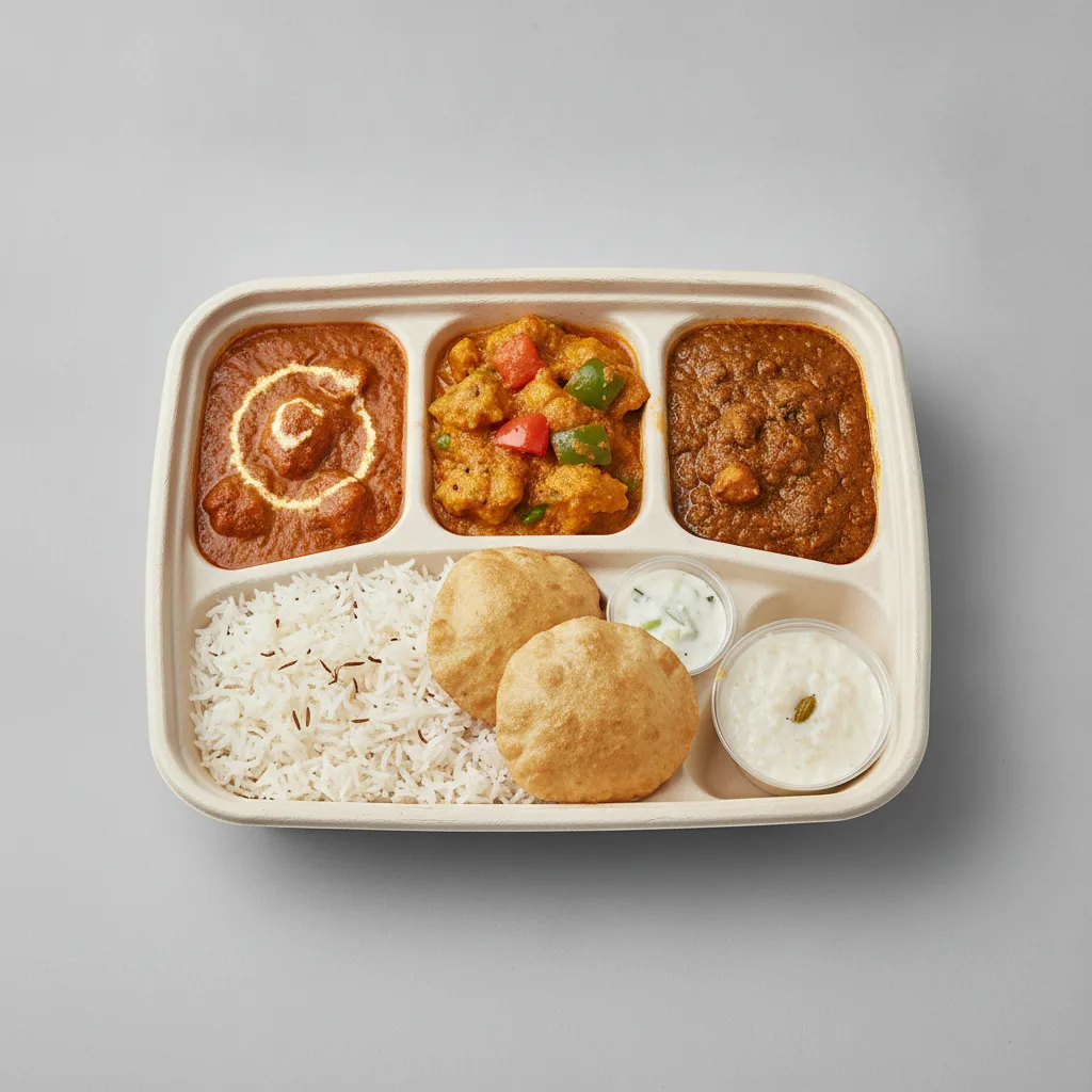 Chicken Thali Box Chicken Curry, Chicken Jalfrezi, Butter Chicken Chicken Thali Box Chicken Curry, Chicken Jalfrezi, Butter Chicken