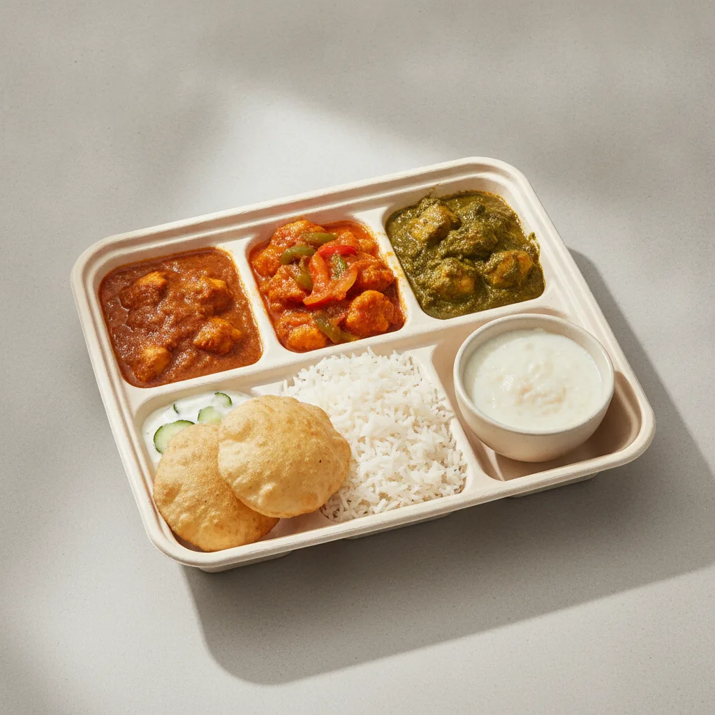 Chicken Thali Box Chicken Curry, Chicken Jalfrezi, Chicken Saag Chicken Thali Box Chicken Curry, Chicken Jalfrezi, Chicken Saag