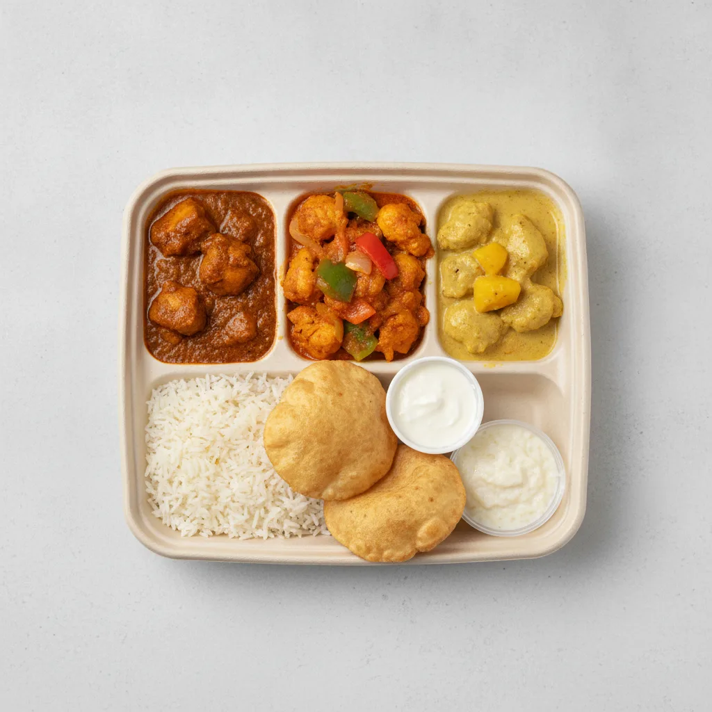 Chicken Thali Box Chicken Curry, Chicken Jalfrezi, Chicken Mango Chicken Thali Box Chicken Curry, Chicken Jalfrezi, Chicken Mango