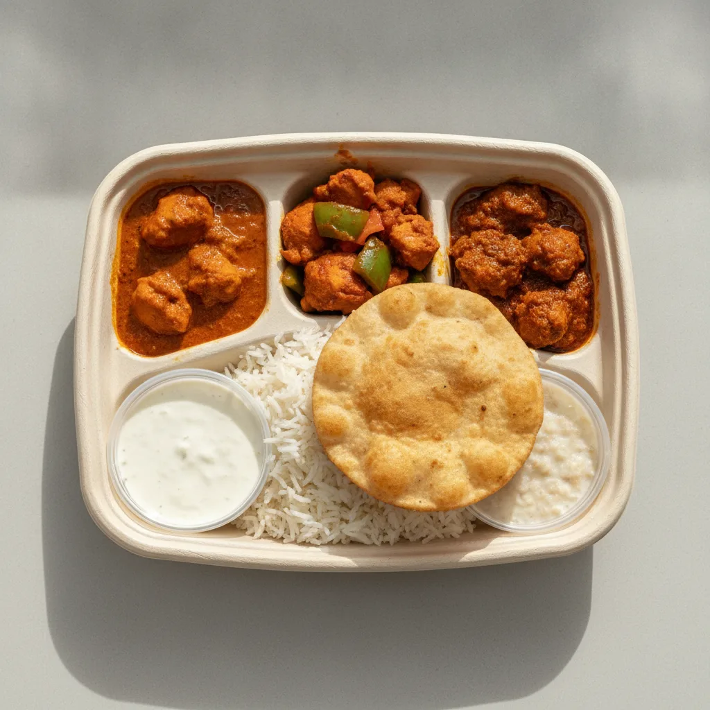 Chicken Thali Box Chicken Curry, Chicken Jalfrezi, Achari Chicken Chicken Thali Box Chicken Curry, Chicken Jalfrezi, Achari Chicken