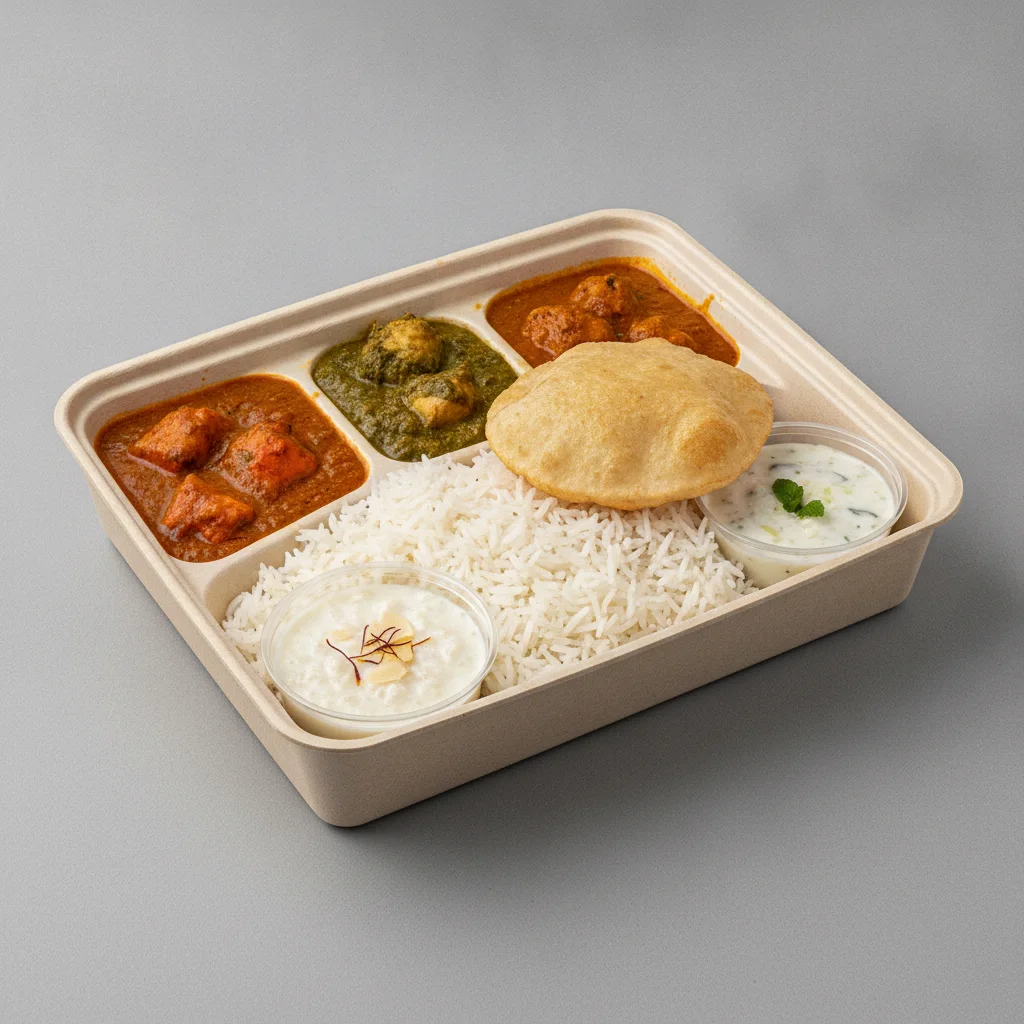 Chicken Thali Box Chicken Curry, Butter Chicken, Chicken Saag Chicken Thali Box Chicken Curry, Butter Chicken, Chicken Saag