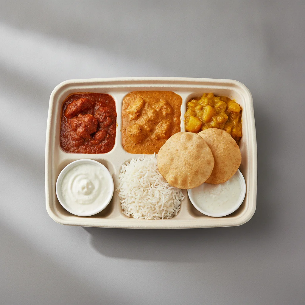 Chicken Thali Box Chicken Curry, Butter Chicken, Chicken Mango Chicken Thali Box Chicken Curry, Butter Chicken, Chicken Mango