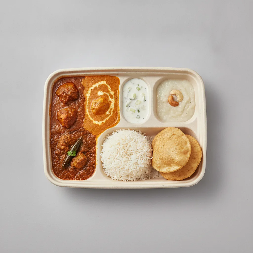 Chicken Thali Box Chicken Curry, Butter Chicken, Achari Chicken Chicken Thali Box Chicken Curry, Butter Chicken, Achari Chicken