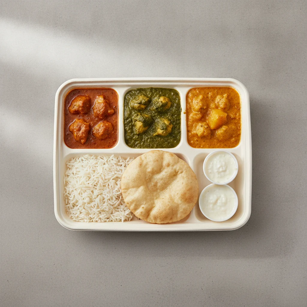 Chicken Thali Box Chicken Curry, Chicken Saag, Chicken Mango Chicken Thali Box Chicken Curry, Chicken Saag, Chicken Mango
