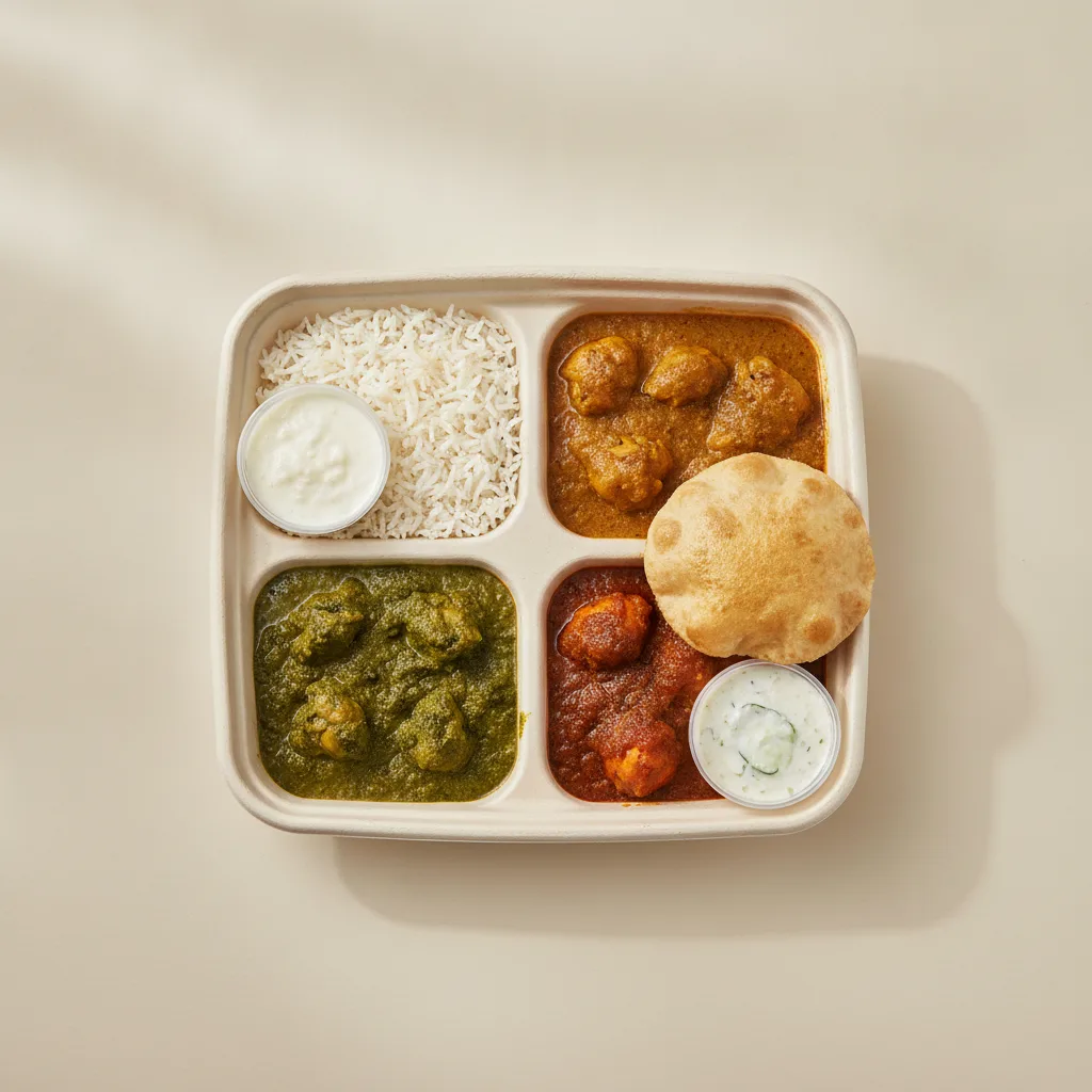 Chicken Thali Box Chicken Curry, Chicken Saag, Achari Chicken Chicken Thali Box Chicken Curry, Chicken Saag, Achari Chicken