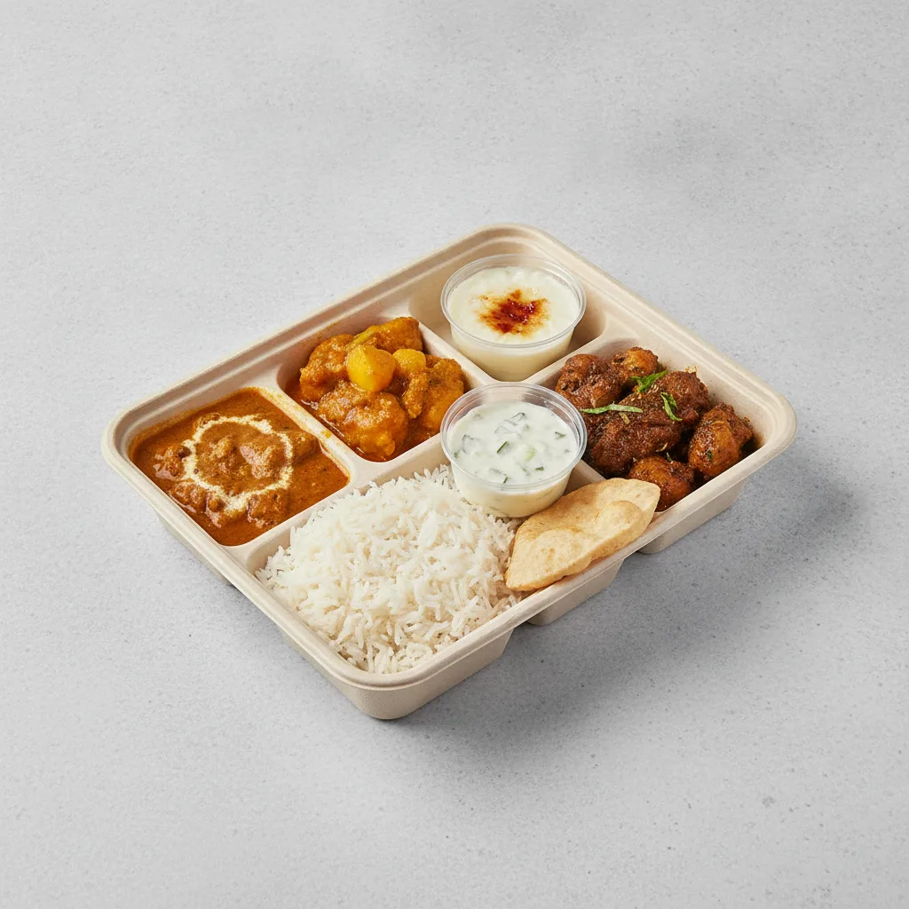 Chicken Thali Box Chicken Curry, Chicken Mango, Achari Chicken Chicken Thali Box Chicken Curry, Chicken Mango, Achari Chicken