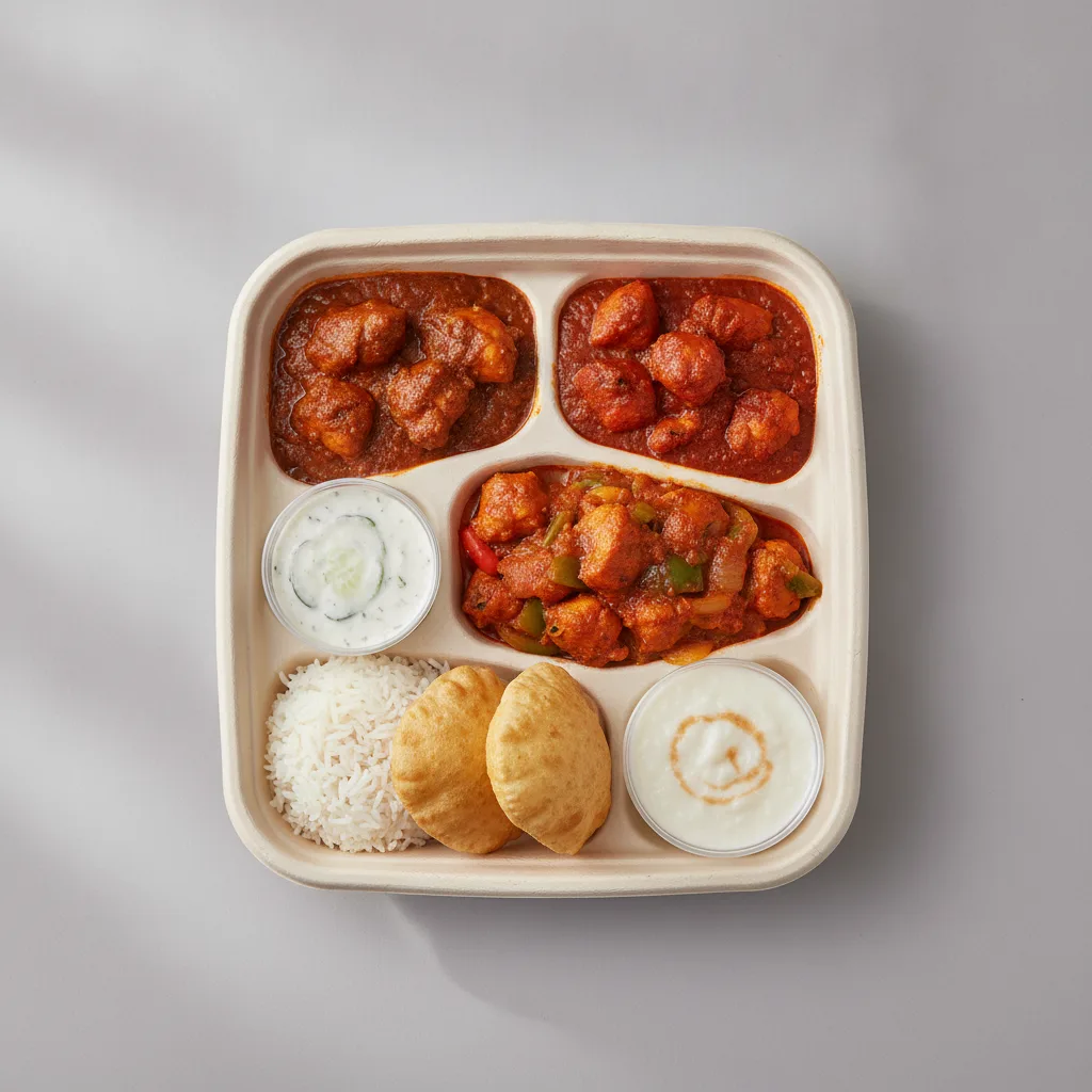 Chicken Thali Box Chicken Bhuna, Chicken Madras, Chicken Jalfrezi Chicken Thali Box Chicken Bhuna, Chicken Madras, Chicken Jalfrezi