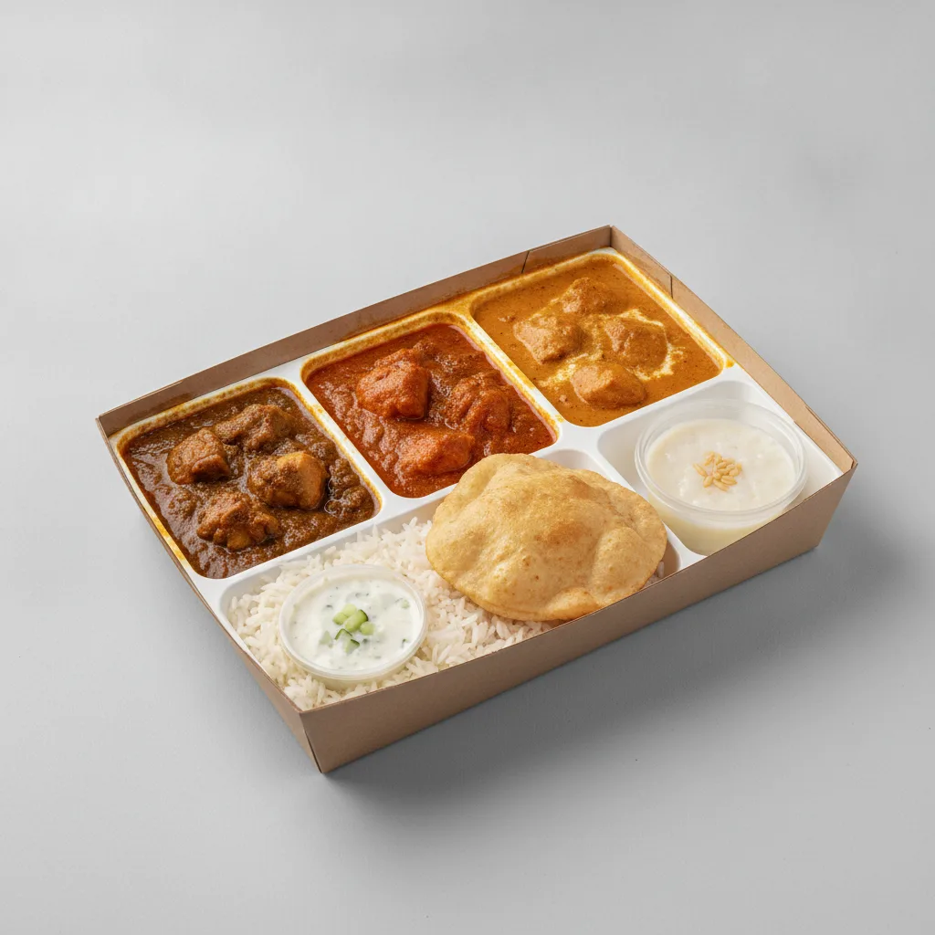 Chicken Thali Box Chicken Bhuna, Chicken Madras, Butter Chicken Chicken Thali Box Chicken Bhuna, Chicken Madras, Butter Chicken