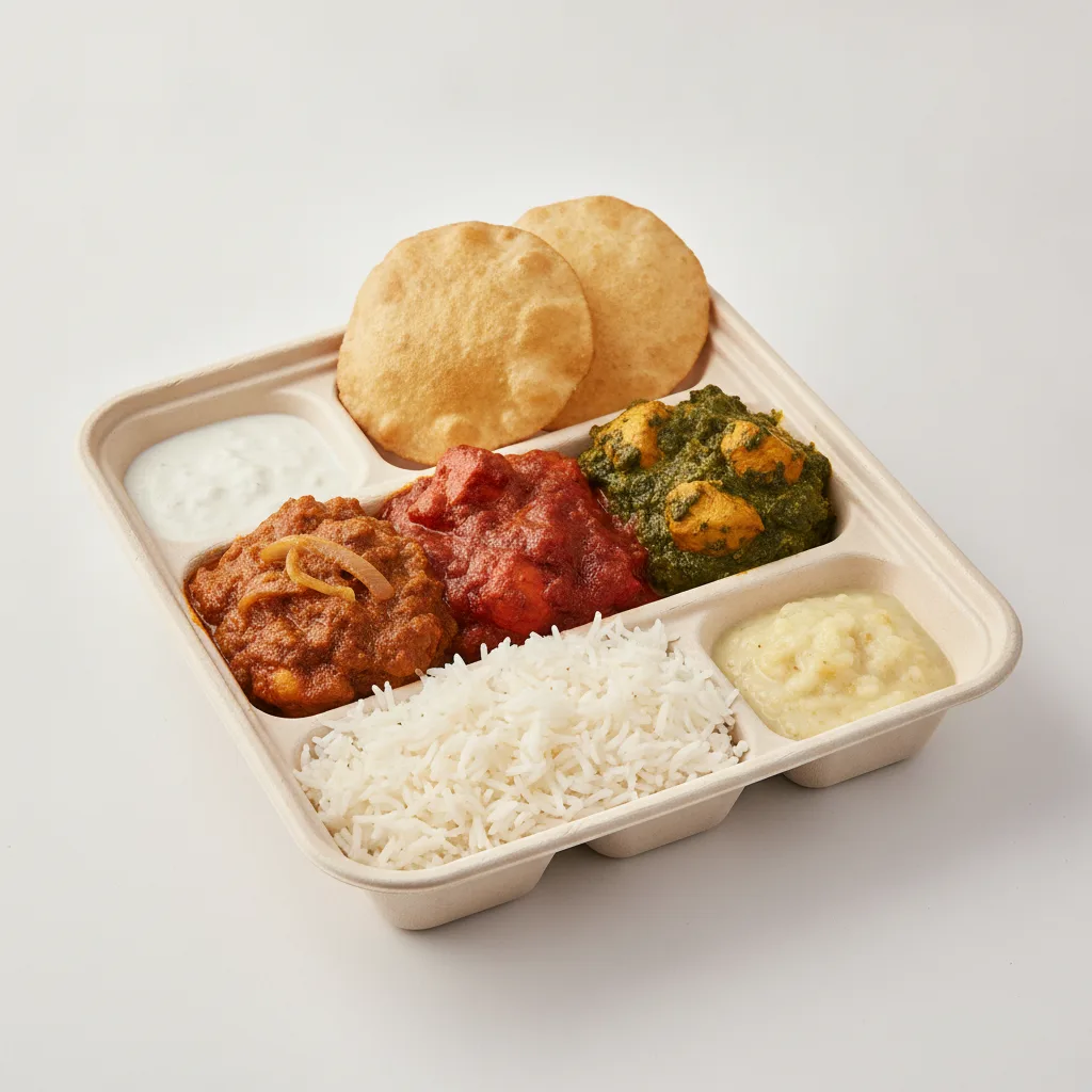 Chicken Thali Box Chicken Bhuna, Chicken Madras, Chicken Saag Chicken Thali Box Chicken Bhuna, Chicken Madras, Chicken Saag