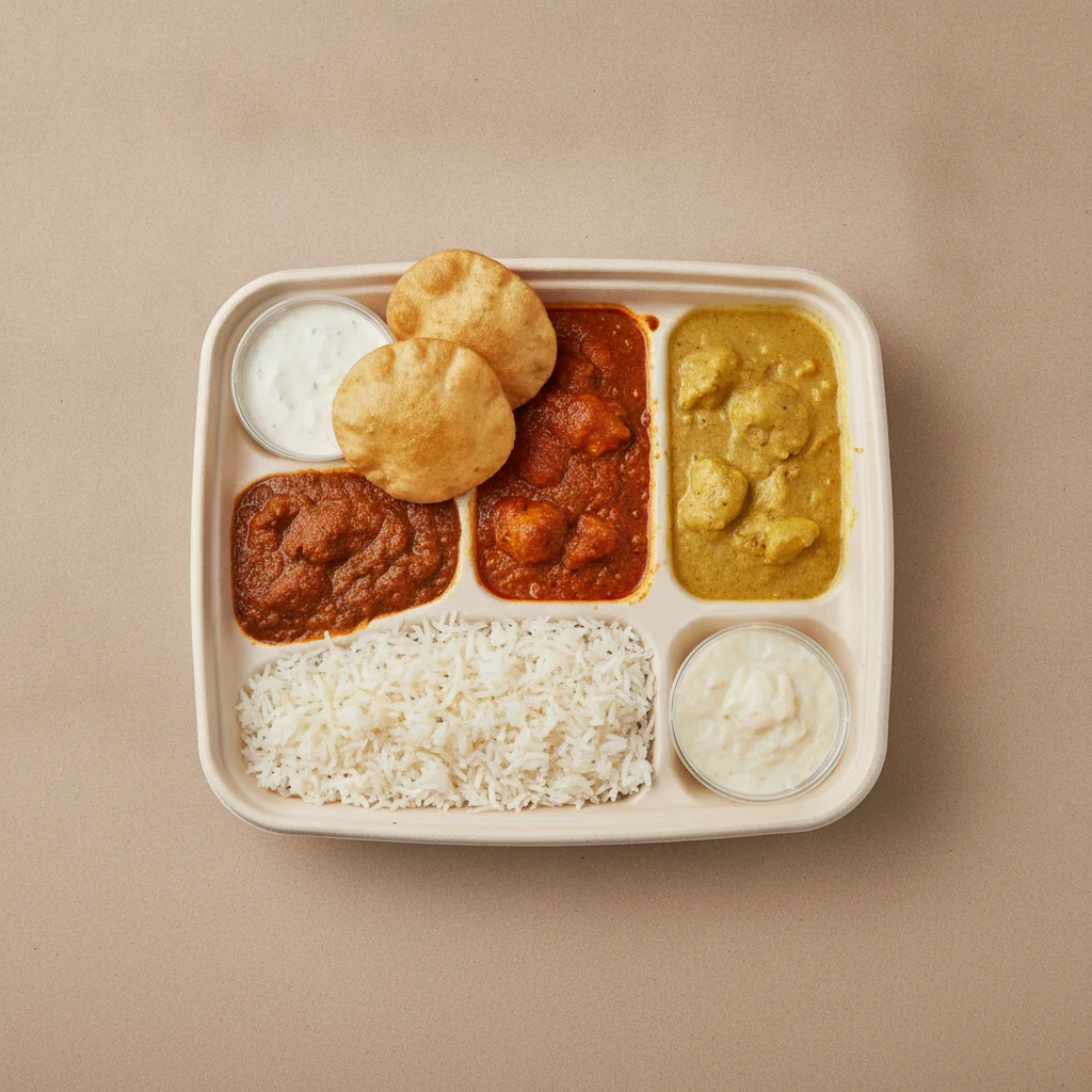 Chicken Thali Box Chicken Bhuna, Chicken Madras, Chicken Mango Chicken Thali Box Chicken Bhuna, Chicken Madras, Chicken Mango