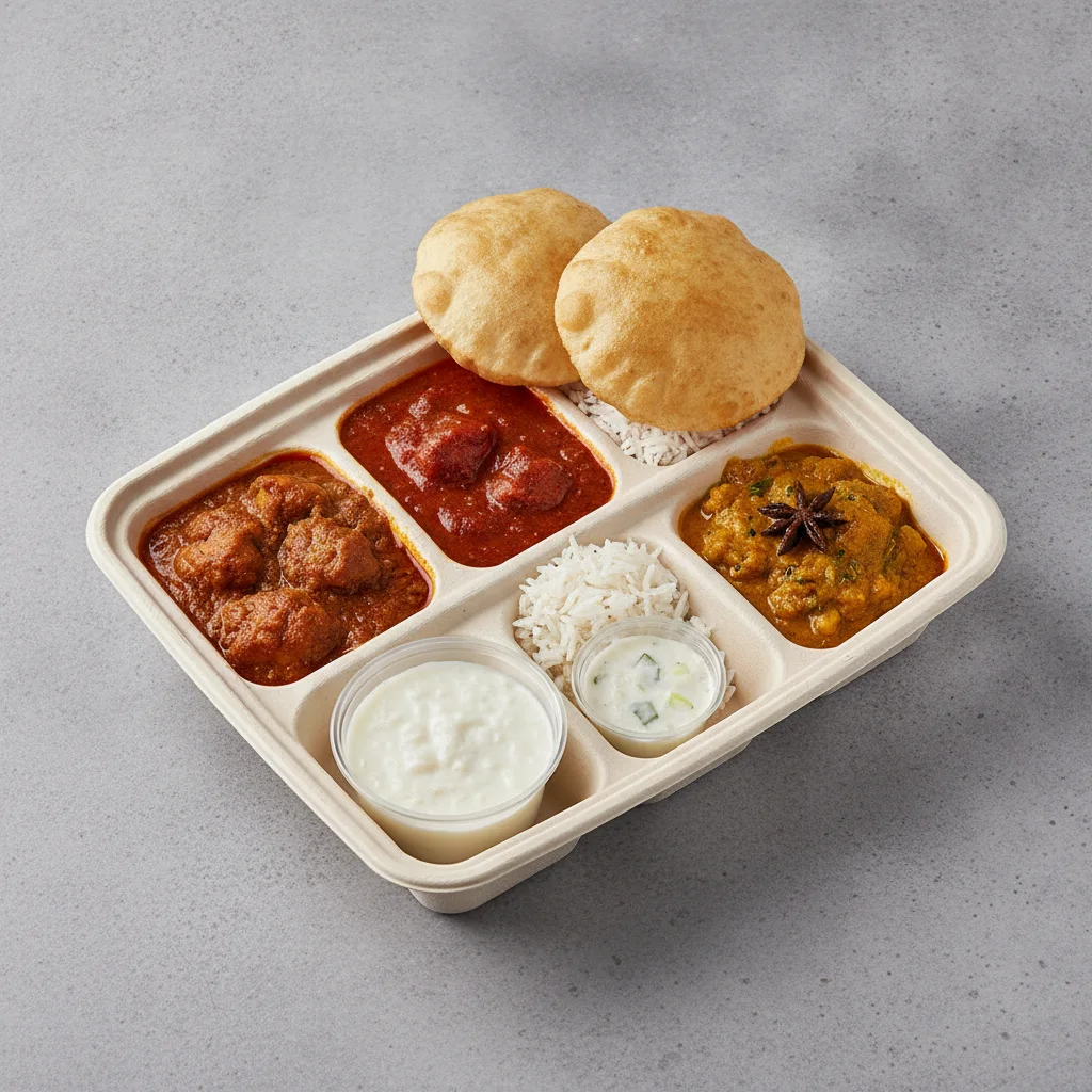 Chicken Thali Box Chicken Bhuna, Chicken Madras, Achari Chicken Chicken Thali Box Chicken Bhuna, Chicken Madras, Achari Chicken