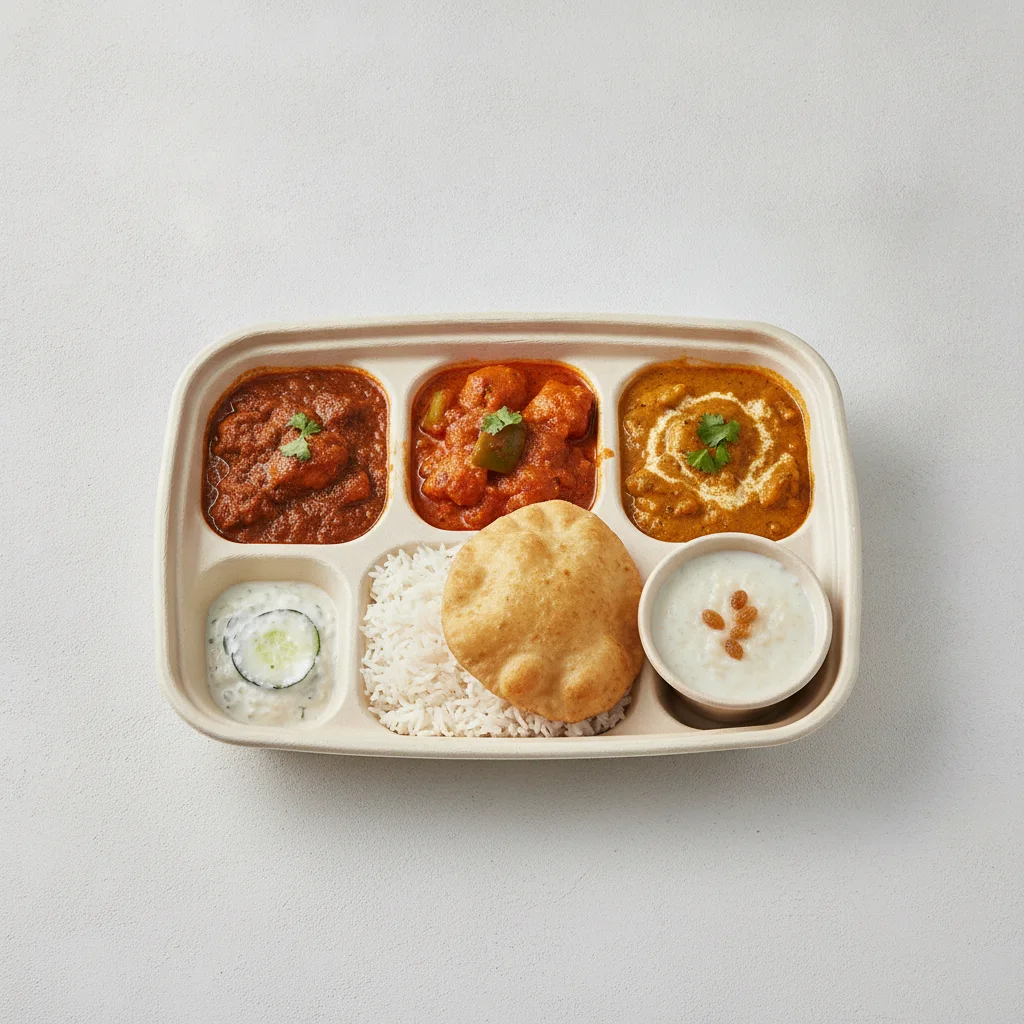 Chicken Thali Box Chicken Bhuna, Chicken Jalfrezi, Butter Chicken Chicken Thali Box Chicken Bhuna, Chicken Jalfrezi, Butter Chicken