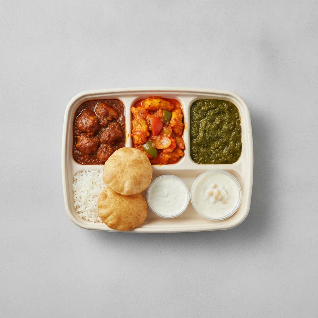 Chicken Thali Box Chicken Bhuna, Chicken Jalfrezi, Chicken Saag Chicken Thali Box Chicken Bhuna, Chicken Jalfrezi, Chicken Saag