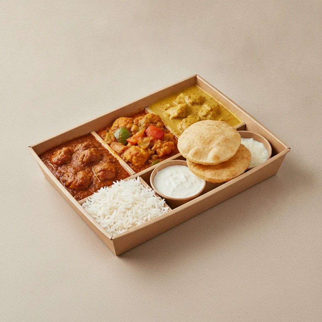 Chicken Thali Box Chicken Bhuna, Chicken Jalfrezi, Chicken Mango Chicken Thali Box Chicken Bhuna, Chicken Jalfrezi, Chicken Mango