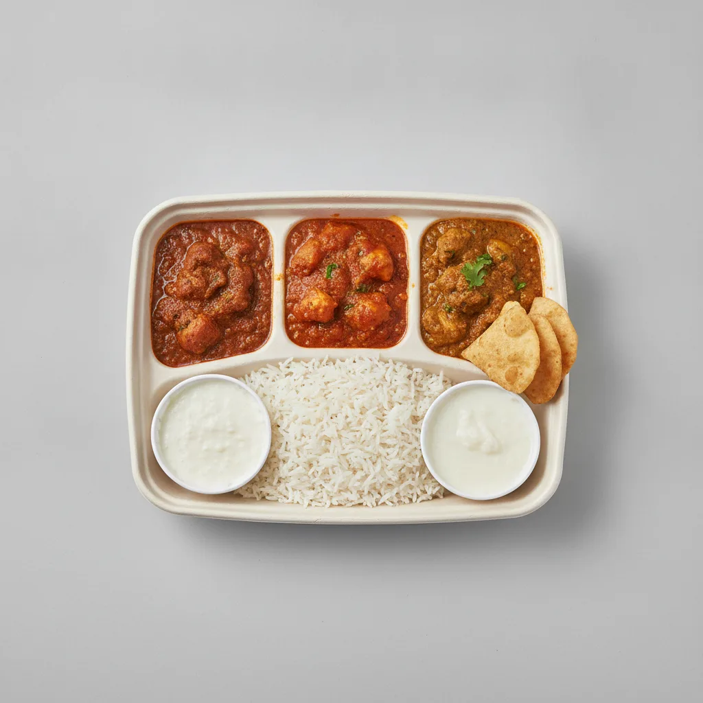 Chicken Thali Box Chicken Bhuna, Chicken Jalfrezi, Achari Chicken Chicken Thali Box Chicken Bhuna, Chicken Jalfrezi, Achari Chicken