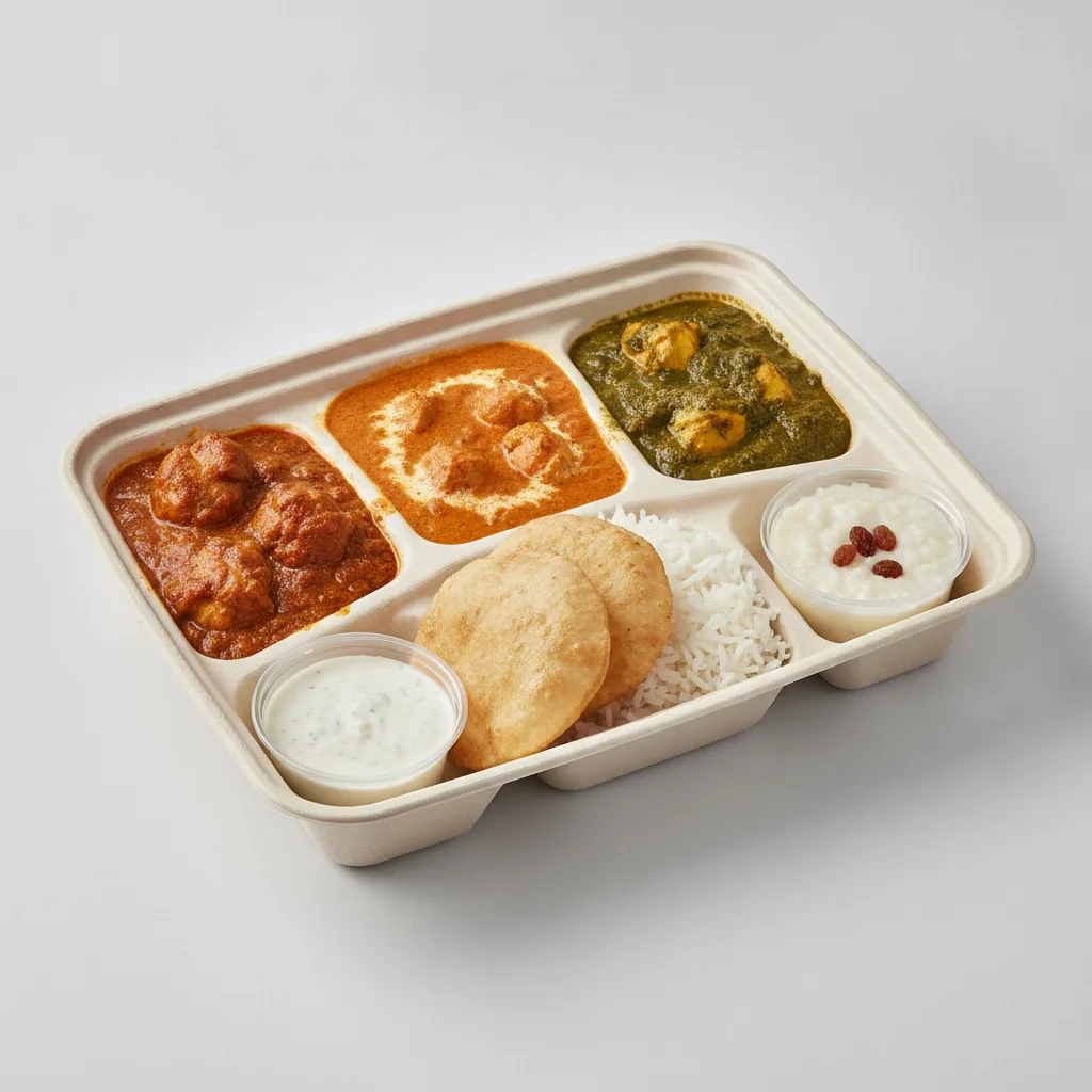 Chicken Thali Box Chicken Bhuna, Butter Chicken, Chicken Saag Chicken Thali Box Chicken Bhuna, Butter Chicken, Chicken Saag