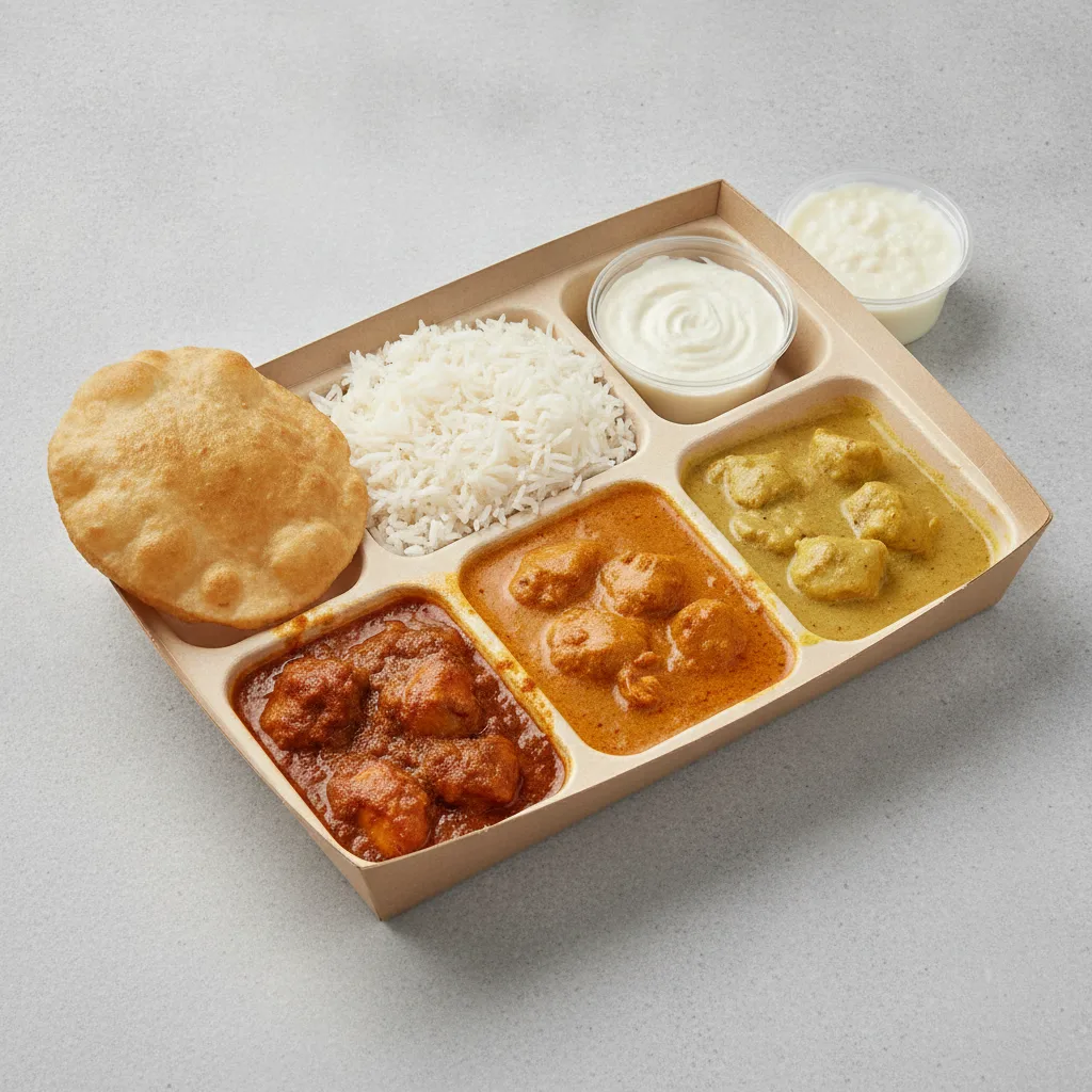 Chicken Thali Box Chicken Bhuna, Butter Chicken, Chicken Mango Chicken Thali Box Chicken Bhuna, Butter Chicken, Chicken Mango