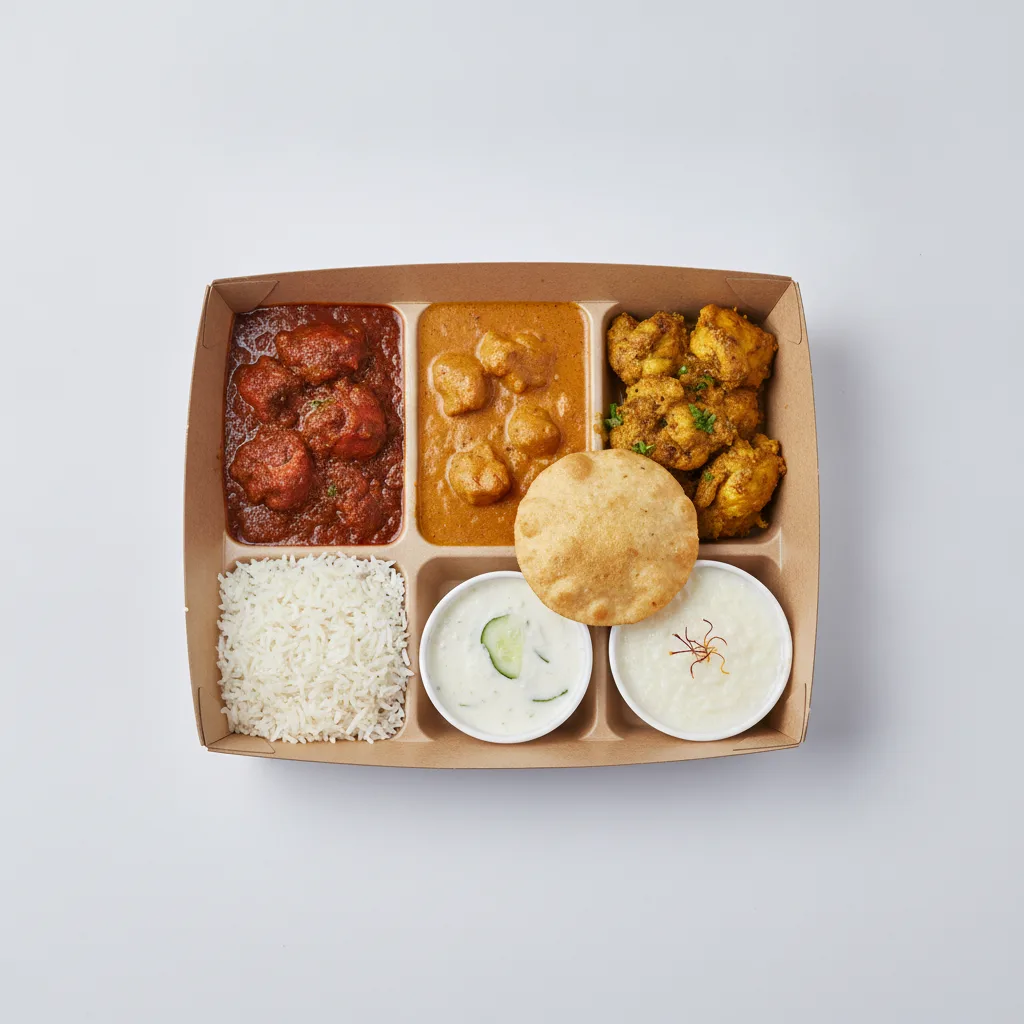 Chicken Thali Box Chicken Bhuna, Butter Chicken, Achari Chicken Chicken Thali Box Chicken Bhuna, Butter Chicken, Achari Chicken