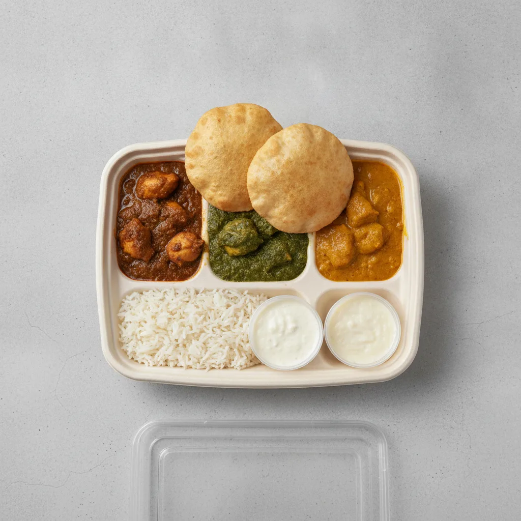 Chicken Thali Box Chicken Bhuna, Chicken Saag, Chicken Mango Chicken Thali Box Chicken Bhuna, Chicken Saag, Chicken Mango