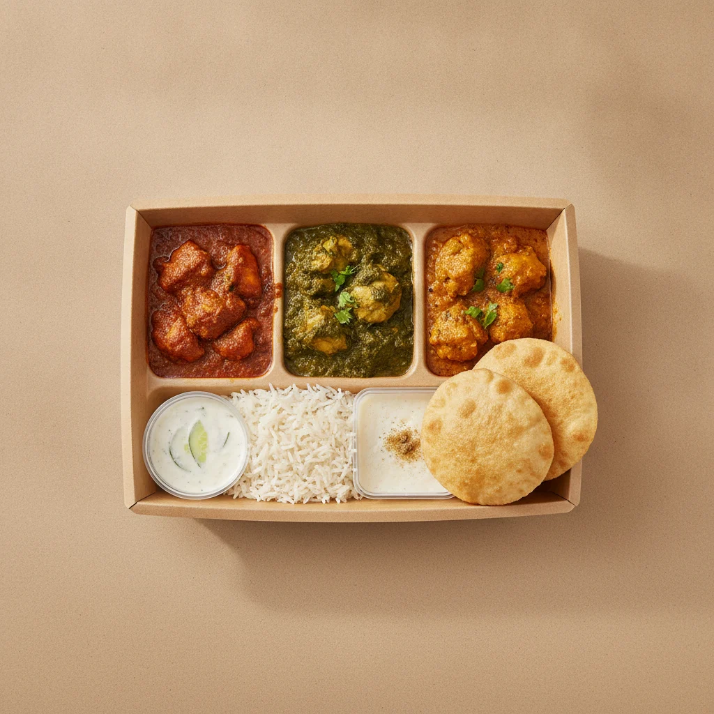 Chicken Thali Box Chicken Bhuna, Chicken Saag, Achari Chicken Chicken Thali Box Chicken Bhuna, Chicken Saag, Achari Chicken