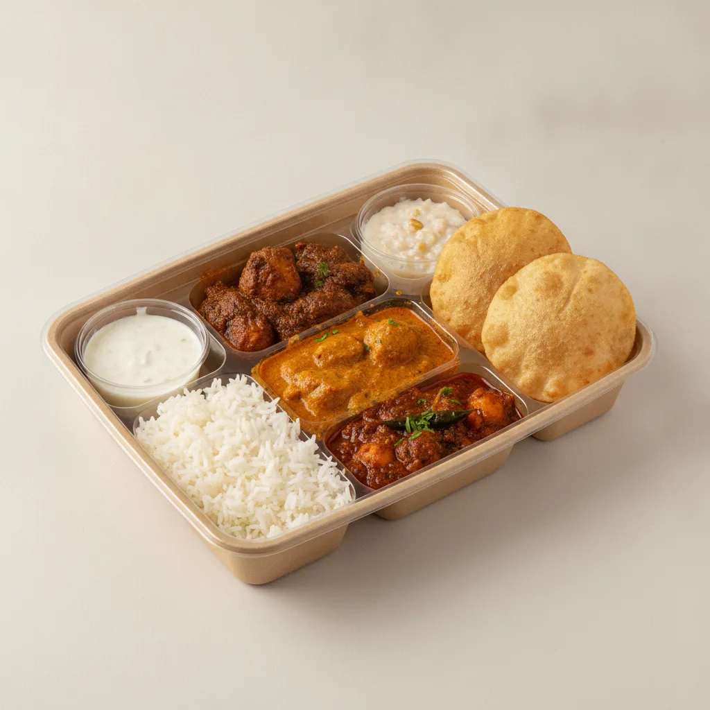 Chicken Thali Box Chicken Bhuna, Chicken Mango, Achari Chicken Chicken Thali Box Chicken Bhuna, Chicken Mango, Achari Chicken