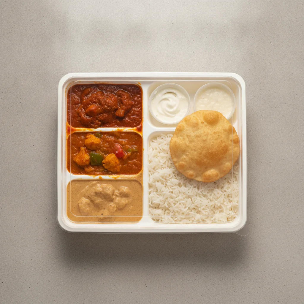 Chicken Thali Box Chicken Madras, Chicken Jalfrezi, Butter Chicken Chicken Thali Box Chicken Madras, Chicken Jalfrezi, Butter Chicken