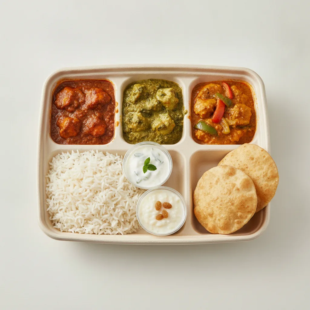 Chicken Thali Box Chicken Madras, Chicken Jalfrezi, Chicken Saag Chicken Thali Box Chicken Madras, Chicken Jalfrezi, Chicken Saag