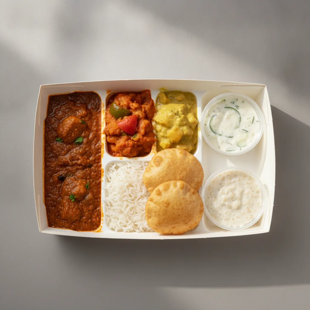 Chicken Thali Box Chicken Madras, Chicken Jalfrezi, Chicken Mango Chicken Thali Box Chicken Madras, Chicken Jalfrezi, Chicken Mango