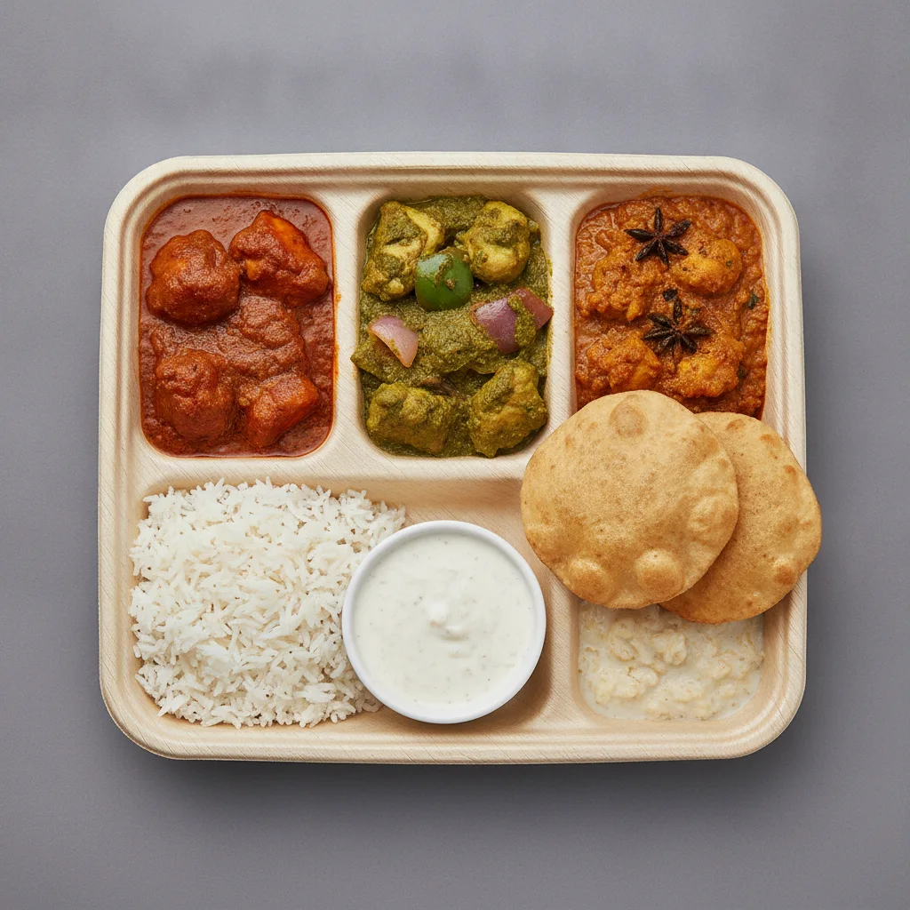 Chicken Thali Box Chicken Madras, Chicken Jalfrezi, Achari Chicken Chicken Thali Box Chicken Madras, Chicken Jalfrezi, Achari Chicken