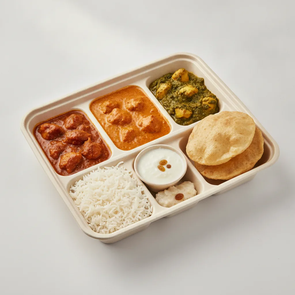 Chicken Thali Box Chicken Madras, Butter Chicken, Chicken Saag Chicken Thali Box Chicken Madras, Butter Chicken, Chicken Saag