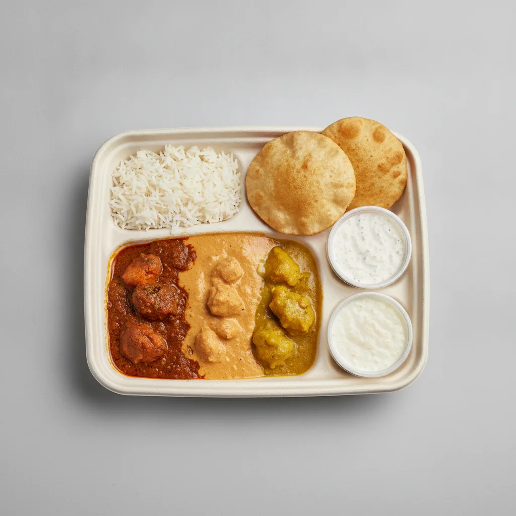 Chicken Thali Box Chicken Madras, Butter Chicken, Chicken Mango Chicken Thali Box Chicken Madras, Butter Chicken, Chicken Mango