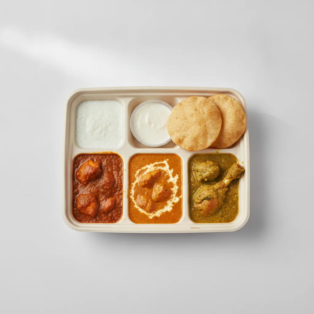 Chicken Thali Box Chicken Madras, Butter Chicken, Achari Chicken Chicken Thali Box Chicken Madras, Butter Chicken, Achari Chicken