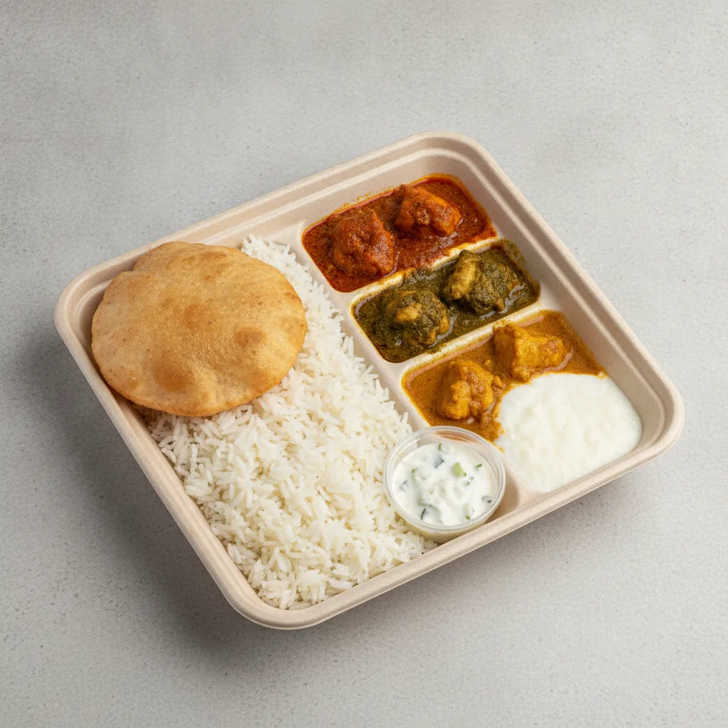 Chicken Thali Box Chicken Madras, Chicken Saag, Chicken Mango Chicken Thali Box Chicken Madras, Chicken Saag, Chicken Mango
