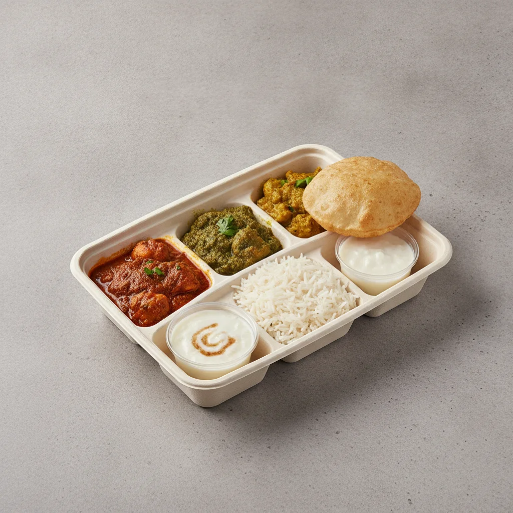 Chicken Thali Box Chicken Madras, Chicken Saag, Achari Chicken Chicken Thali Box Chicken Madras, Chicken Saag, Achari Chicken