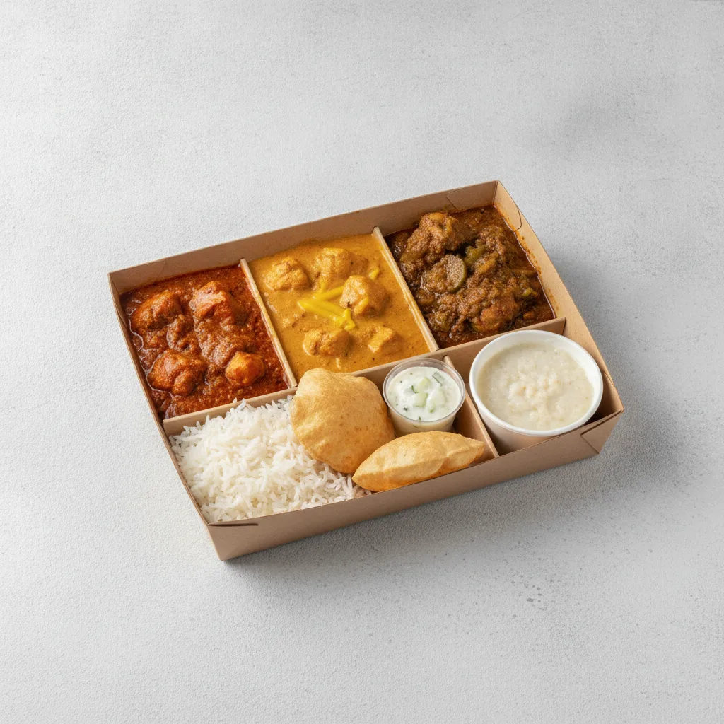 Chicken Thali Box Chicken Madras, Chicken Mango, Achari Chicken Chicken Thali Box Chicken Madras, Chicken Mango, Achari Chicken