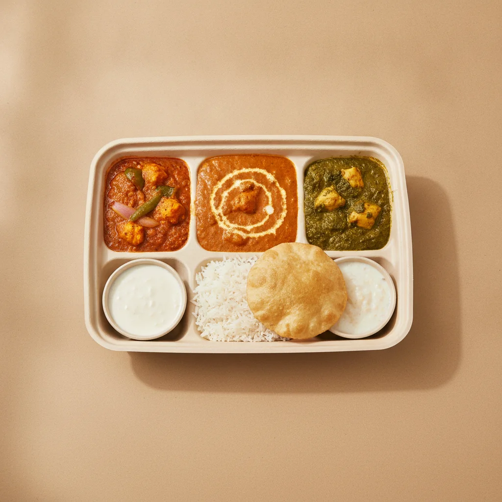 Chicken Thali Box Chicken Jalfrezi, Butter Chicken, Chicken Saag Chicken Thali Box Chicken Jalfrezi, Butter Chicken, Chicken Saag
