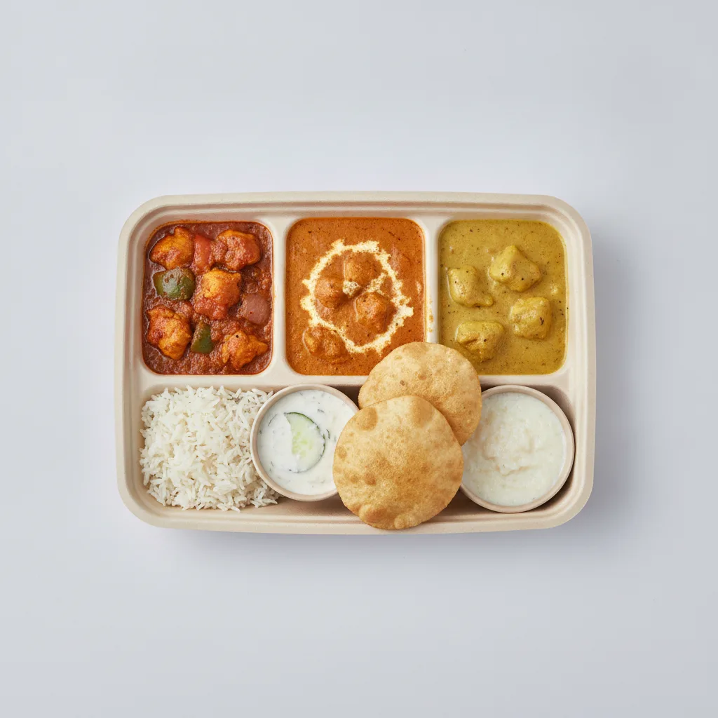 Chicken Thali Box Chicken Jalfrezi, Butter Chicken, Chicken Mango Chicken Thali Box Chicken Jalfrezi, Butter Chicken, Chicken Mango