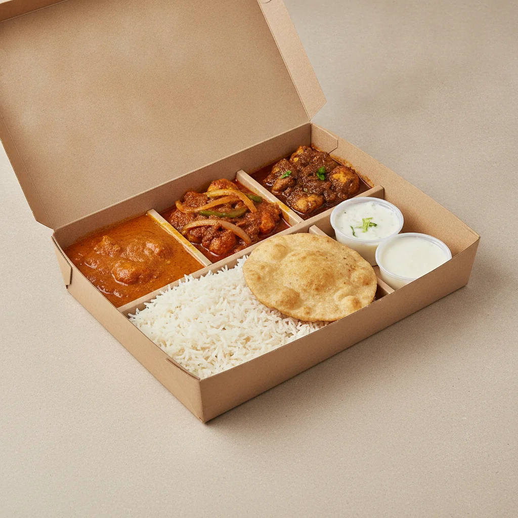 Chicken Thali Box Chicken Jalfrezi, Butter Chicken, Achari Chicken Chicken Thali Box Chicken Jalfrezi, Butter Chicken, Achari Chicken